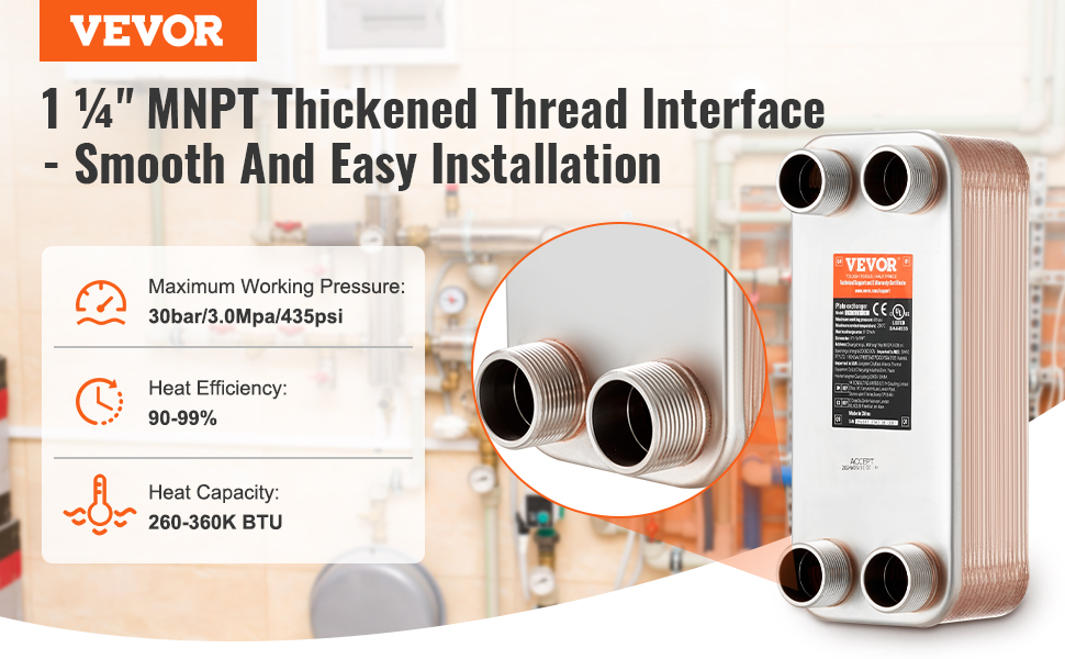VEVOR heat exchanger with 1 ¼" mnpt thread, 260-360k btu, 90-99% efficiency, and 435psi pressure ratings.