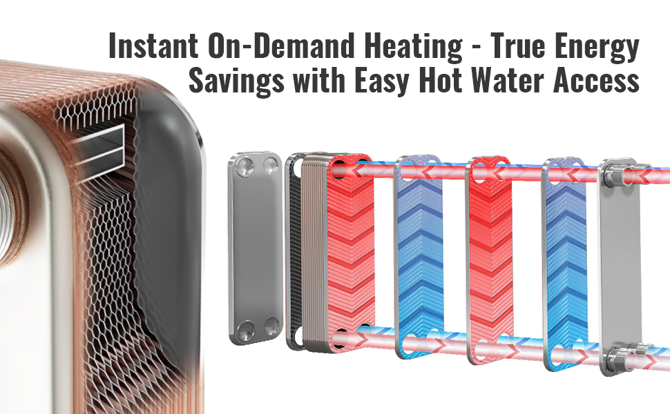 VEVOR heat exchanger with energy-efficient plates and tubes for instant hot water access.