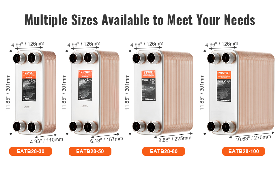 VEVOR heat exchanger in four sizes: eatb28-30, eatb28-50, eatb28-80, eatb28-100.
