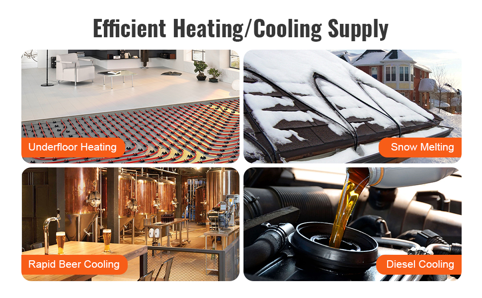 efficient underfloor heating, snow melting, rapid beer cooling, diesel cooling with VEVOR heat exchanger.