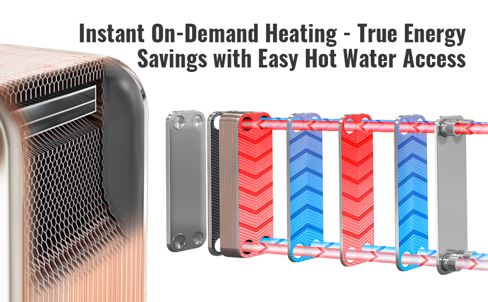 VEVOR heat exchanger showcasing instant hot water access with energy savings and on-demand heating.
