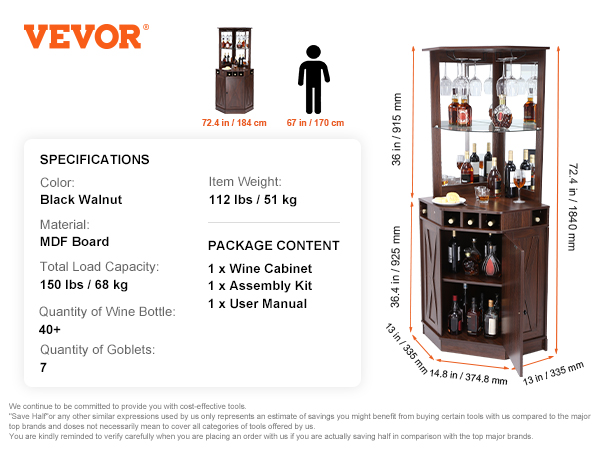 VEVOR industrial bar cabinet in black walnut with three-tier shelves, wine racks, and glass holders.