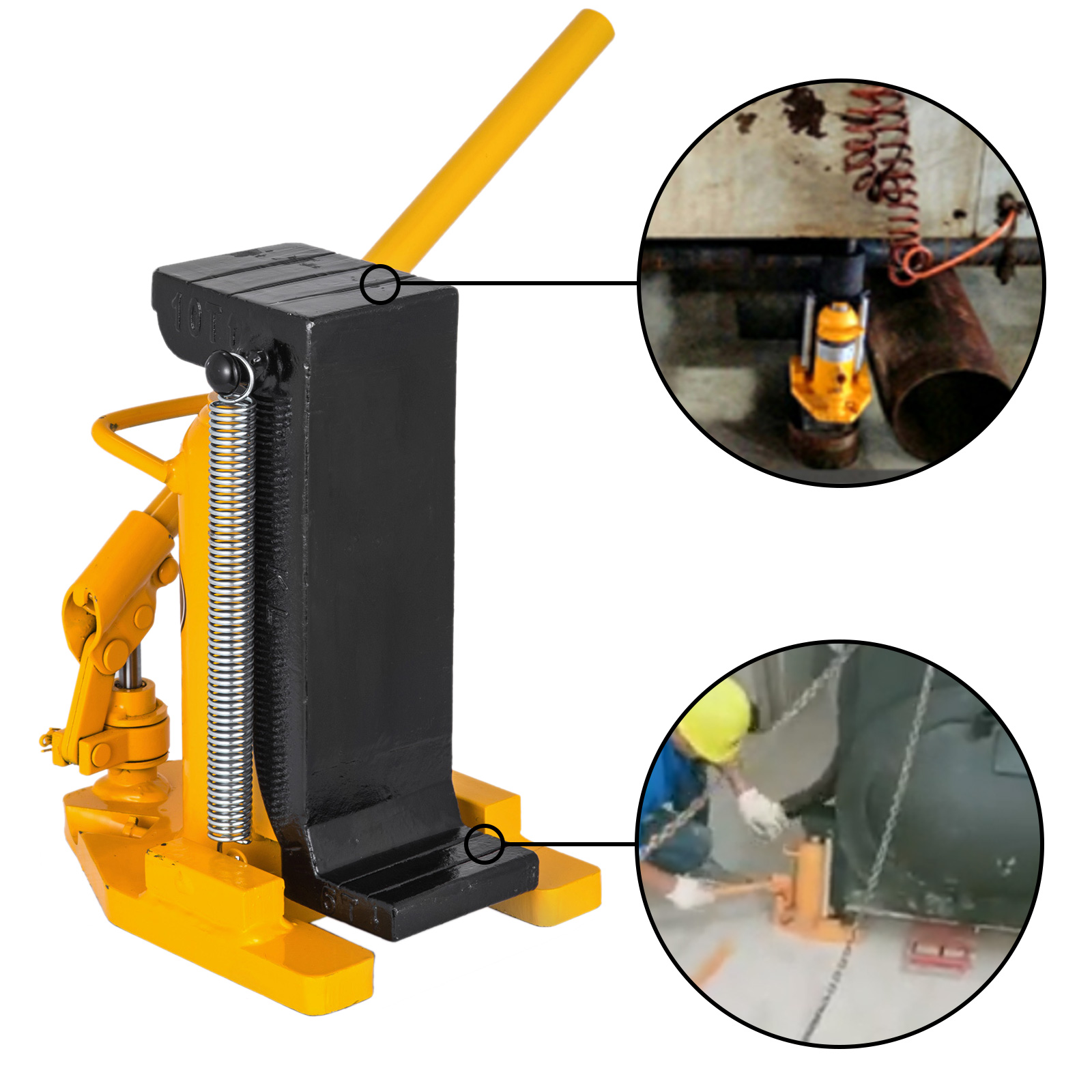 yellow VEVOR toe jack lift with operation examples in industrial settings.