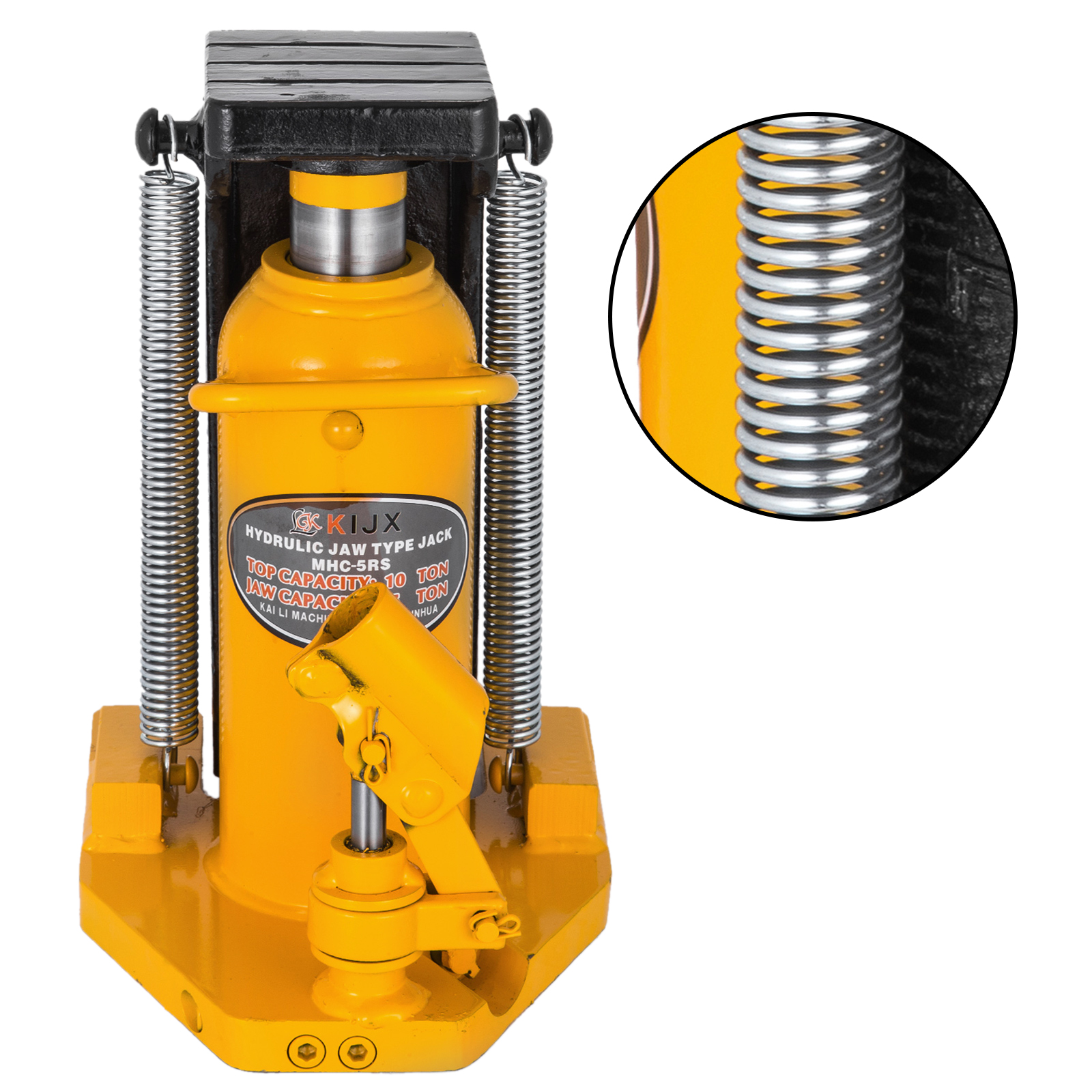yellow VEVOR toe jack lift with hydraulic cylinder and dual springs, close-up detail included.