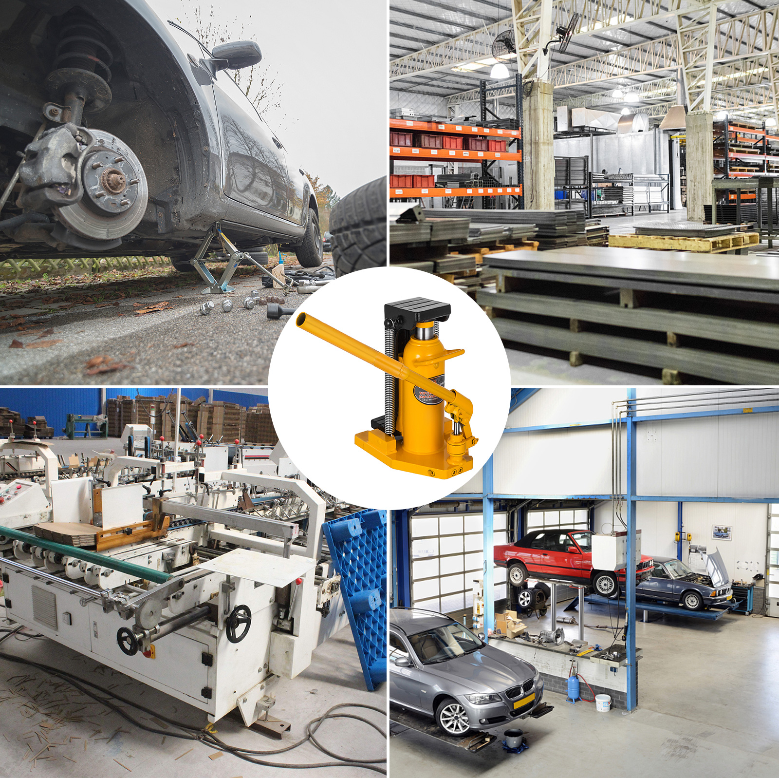 VEVOR toe jack lift for cars and industrial machinery in various workspace settings.