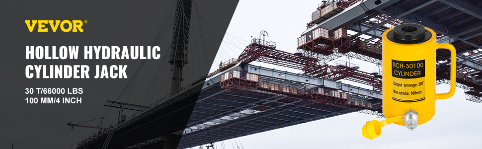 VEVOR hydraulic cylinder jack showcased in front of a bridge under construction.