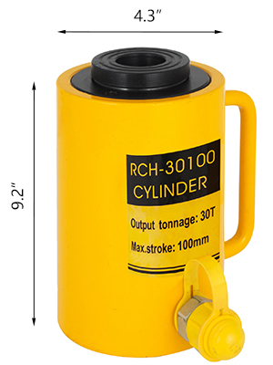 VEVOR hydraulic cylinder jack, 30t capacity, 100mm max stroke, yellow with handle.