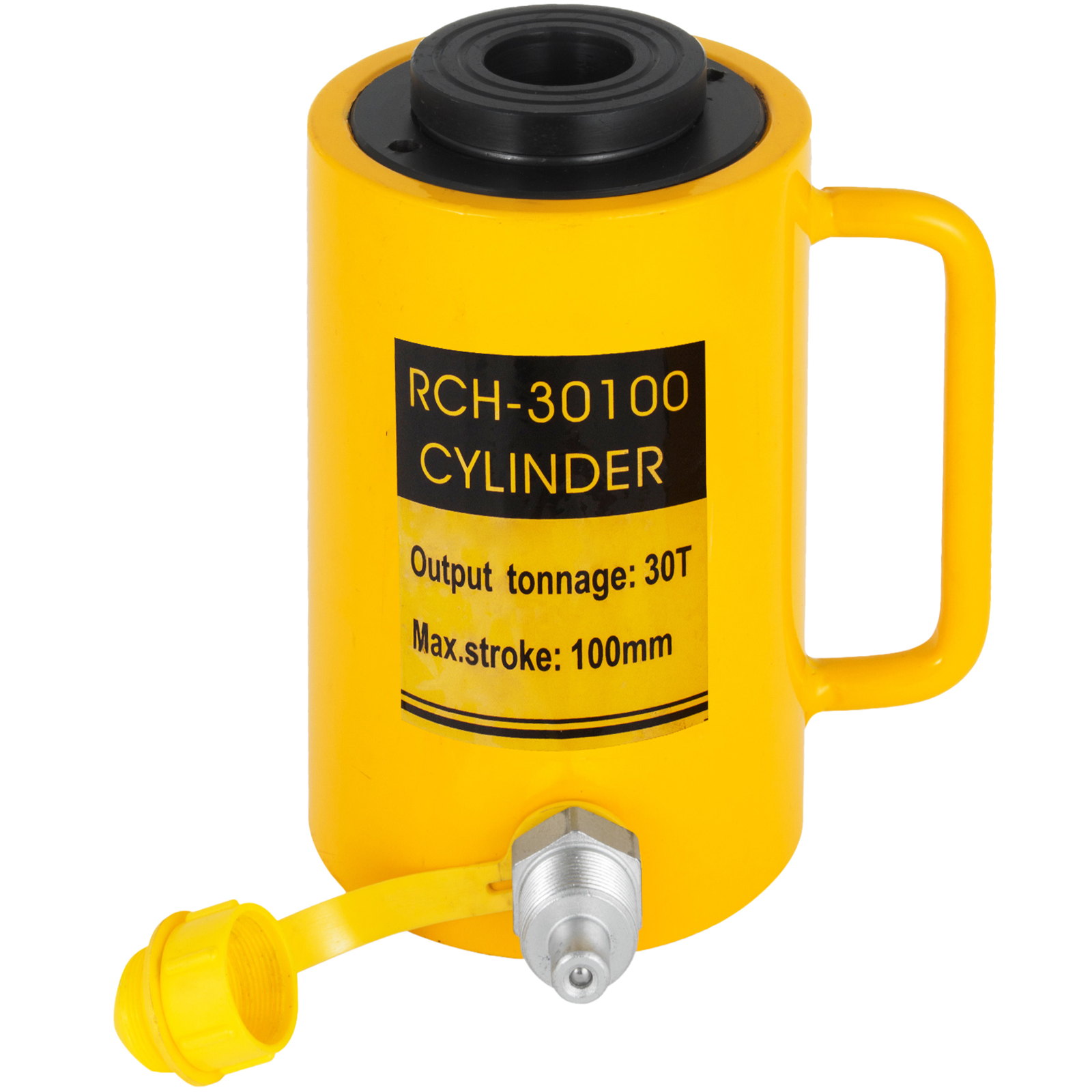yellow VEVOR hydraulic cylinder jack rch-30100 with 30t output, 100mm max stroke.