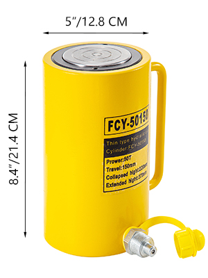 yellow VEVOR hydraulic cylinder jack, 8.4"/21.4 cm height, 5"/12.8 cm width.