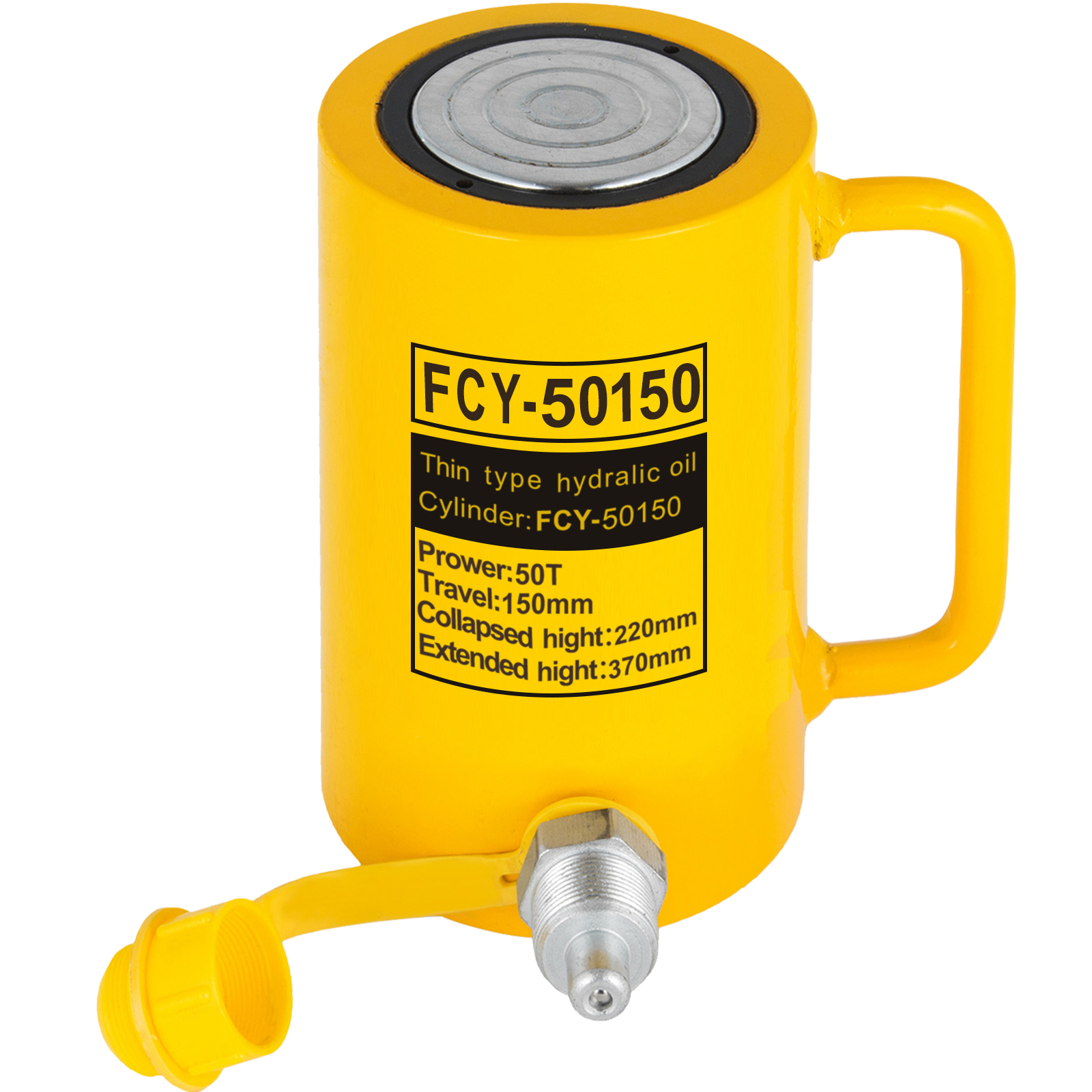 yellow VEVOR hydraulic cylinder jack with specifications, handle, and hydraulic fitting.