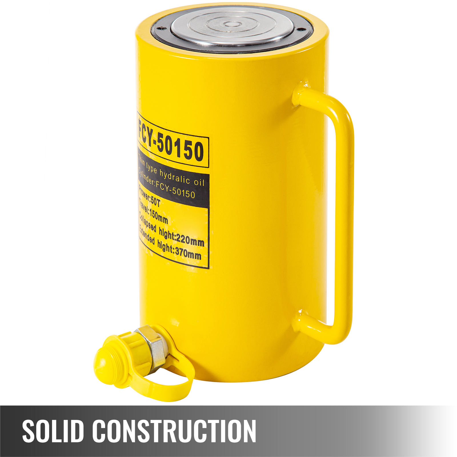 yellow VEVOR hydraulic cylinder jack with handle and visible product label.