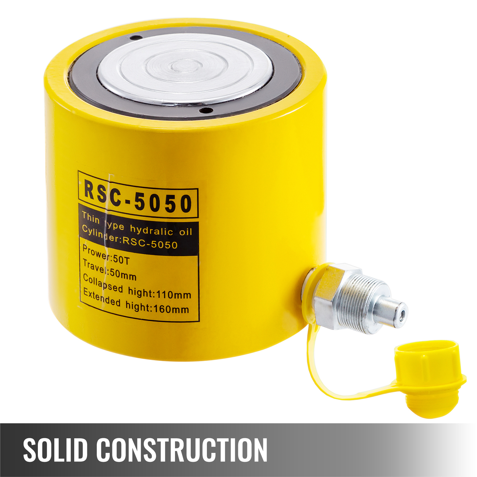 yellow VEVOR hydraulic cylinder rsc-5050 with power rating and dimensions displayed.