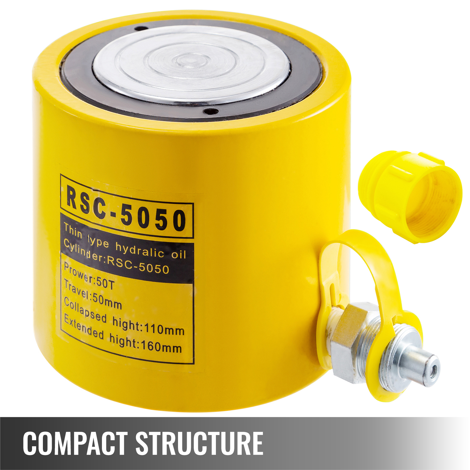 VEVOR hydraulic cylinder, rsc-5050, yellow with compact structure and 50mm travel.