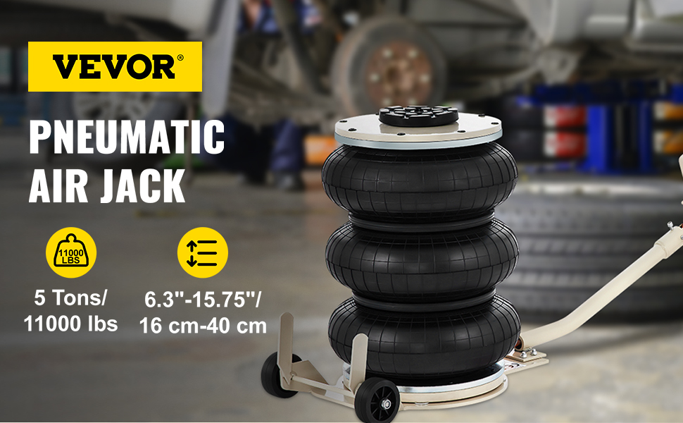 VEVOR pneumatic jack in workshop, 5-ton capacity, 6.3"-15.75" height range.