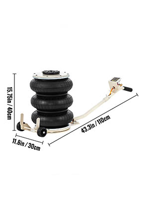 VEVOR pneumatic jack with dimensions, including handle and airbag stack.