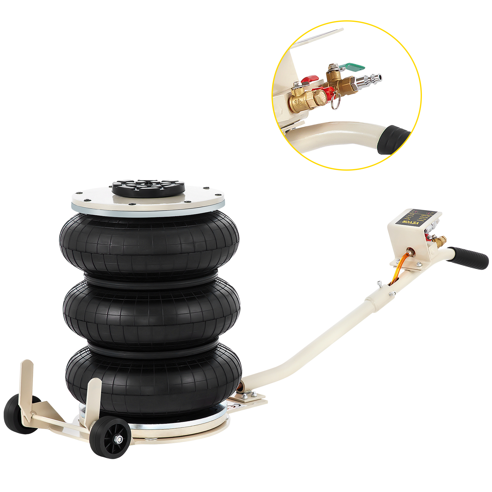 VEVOR pneumatic jack with triple airbag design and an integrated control valve.