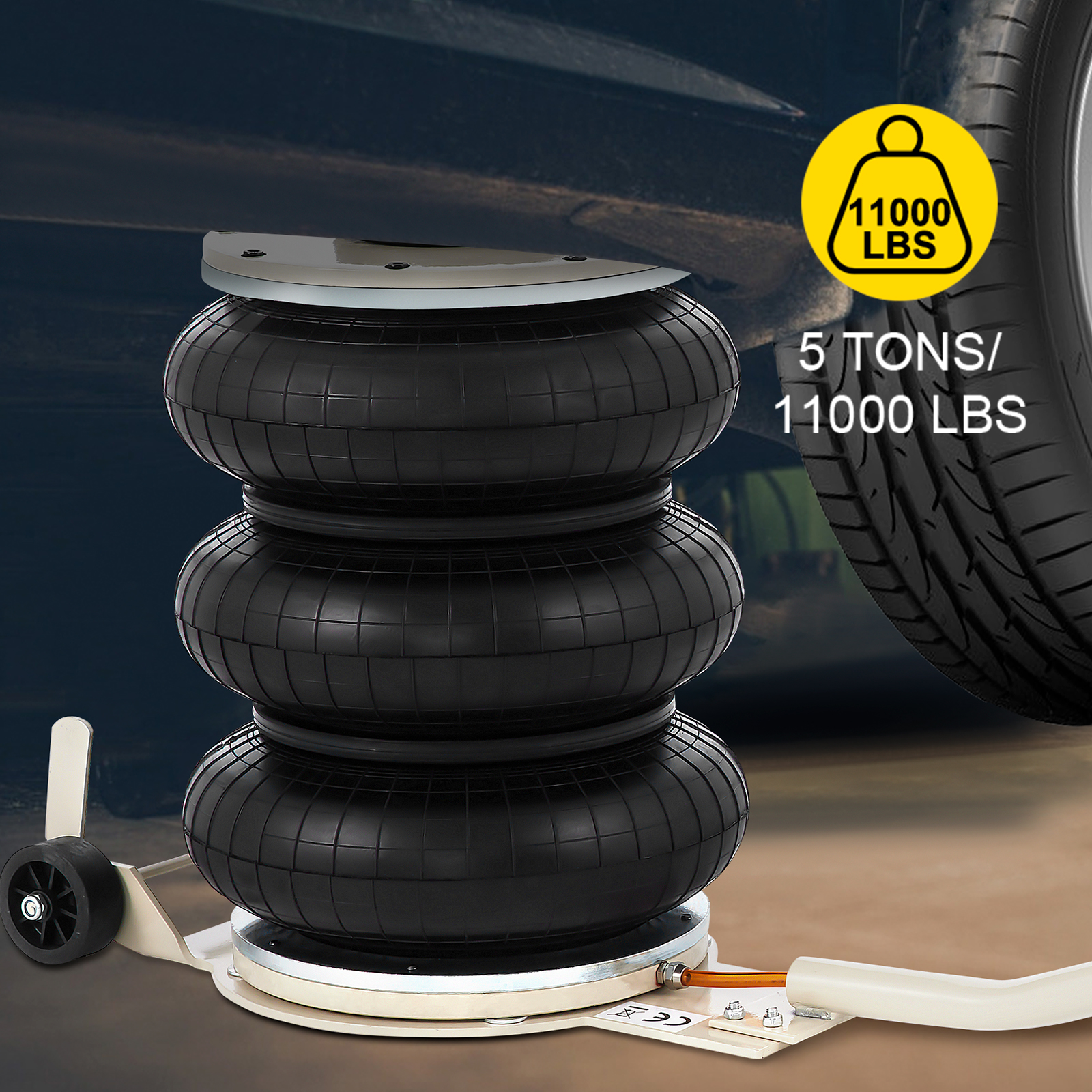 VEVOR pneumatic jack lifting car wheel, supports up to 5 tons (11000 lbs).