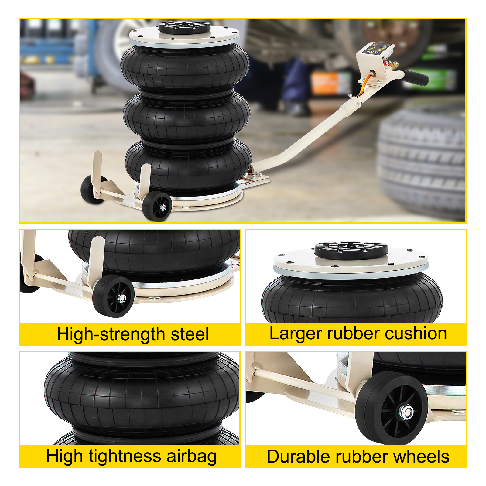 VEVOR pneumatic jack with high-strength steel, large rubber cushion, and durable wheels.