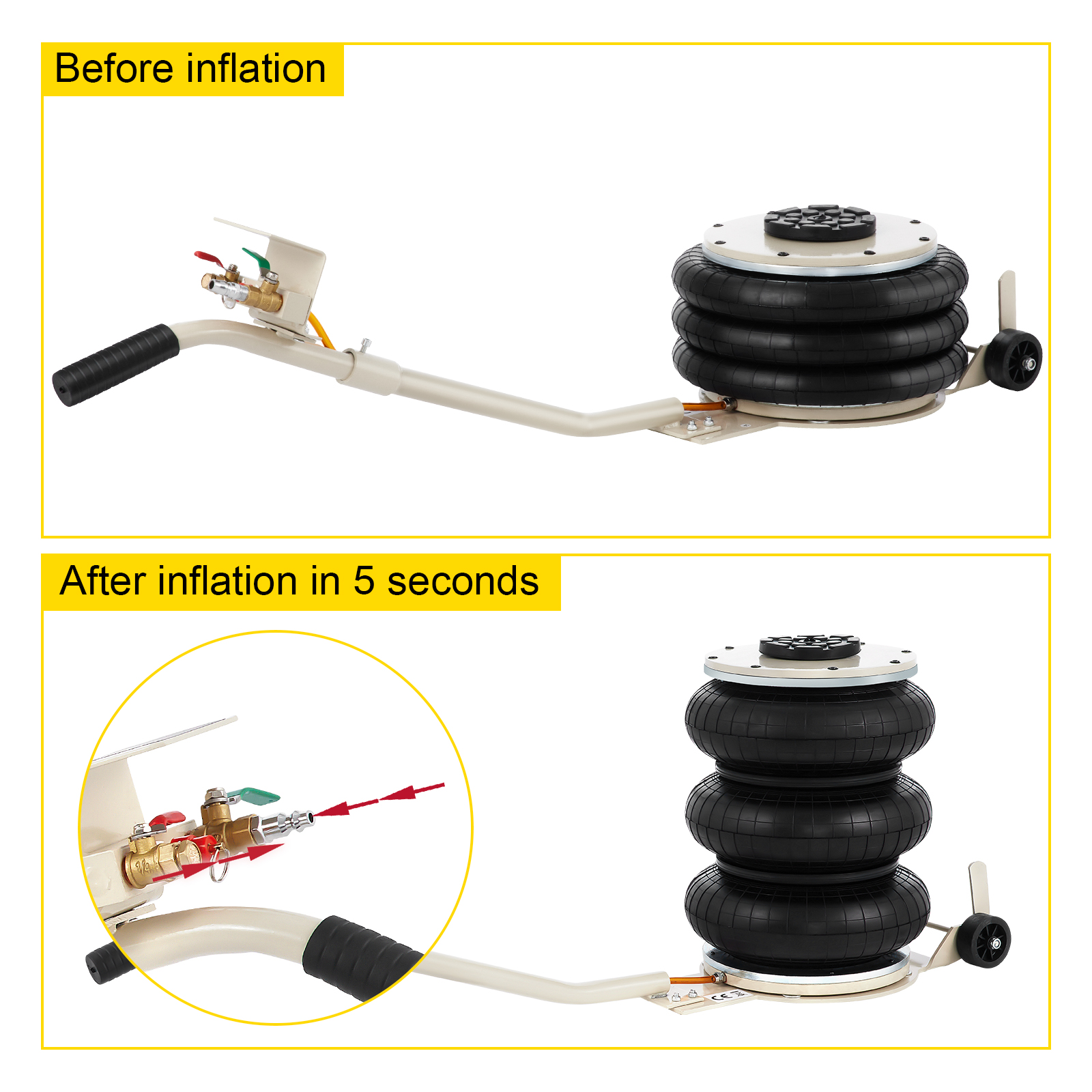 VEVOR pneumatic jack before and after inflation, showing inflation valve details