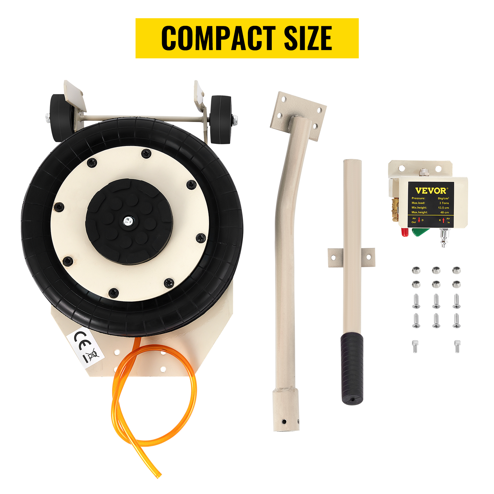 VEVOR pneumatic jack in a compact size with accessory parts and mounting hardware.