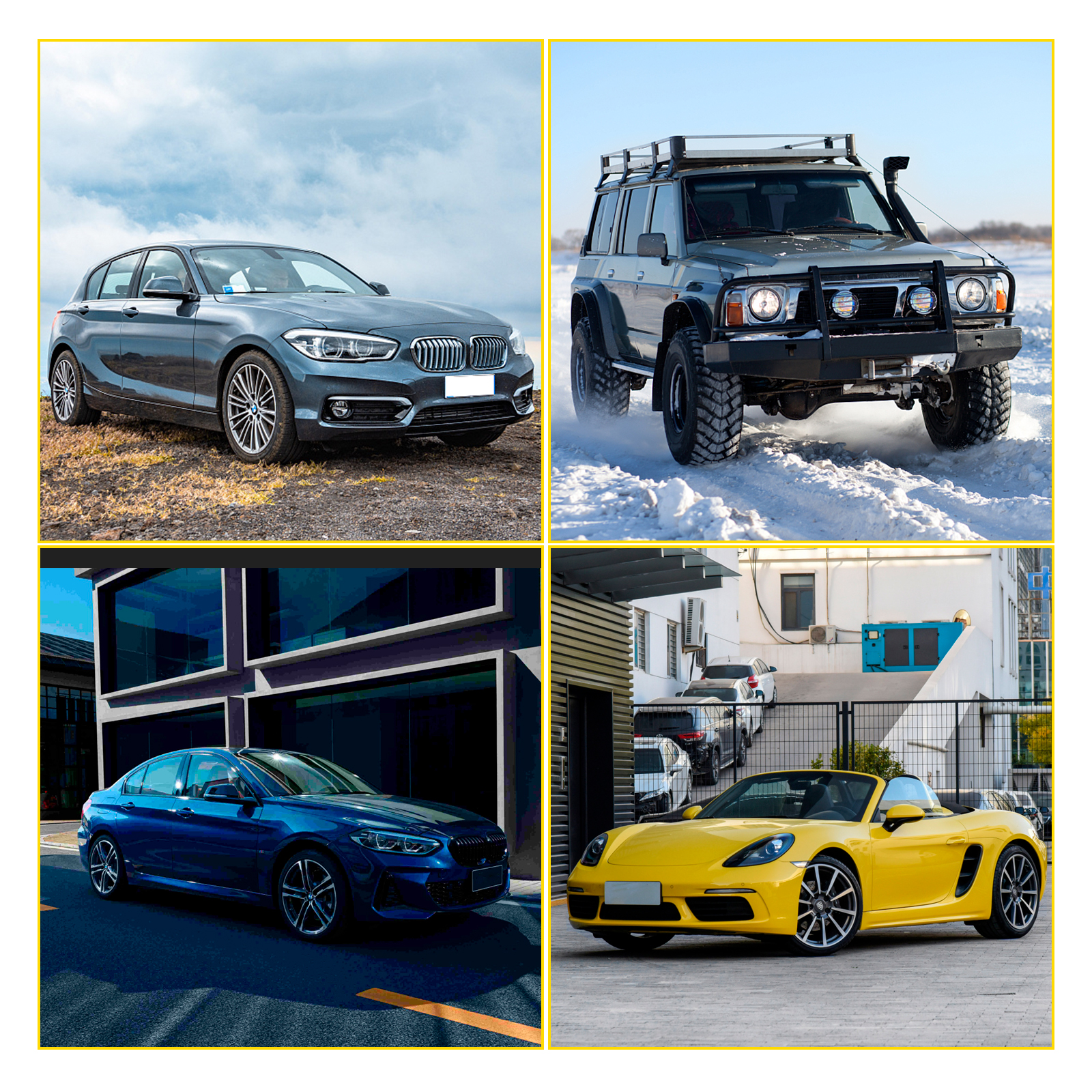 four diverse cars displayed, including a 4x4 suv, sports car, luxury sedan, and compact car.