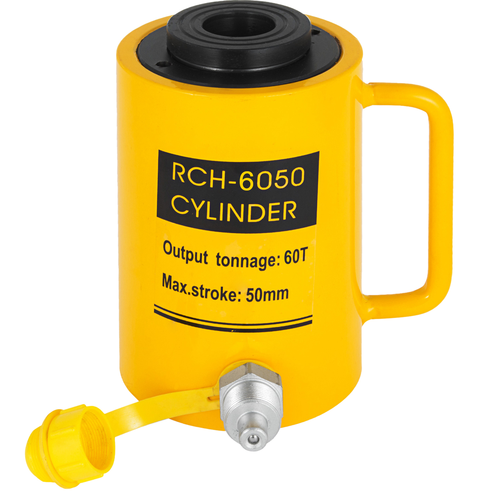 VEVOR hydraulic cylinder jack, 60t capacity, 50mm max stroke, yellow casing with handle.