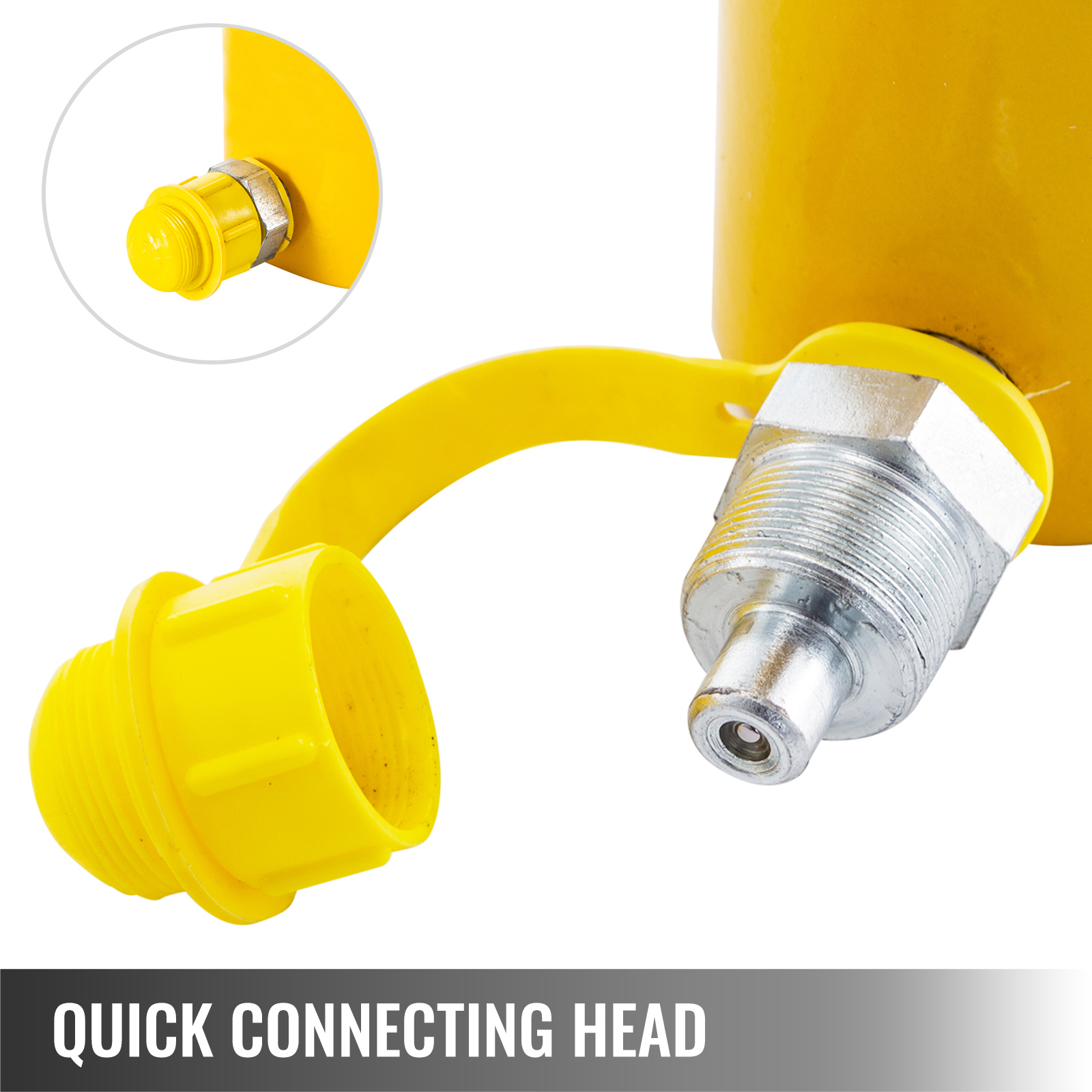 VEVOR hydraulic cylinder jack quick connecting head close-up with a yellow protective cap.