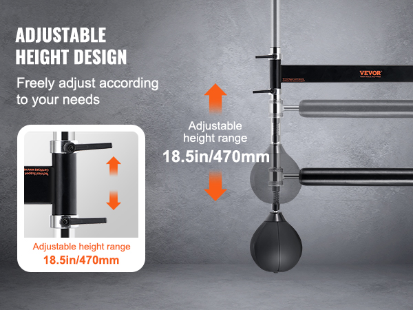 adjustable VEVOR wall mount boxing spinning bar, height range 18.5in/470mm, mounted on gray wall.