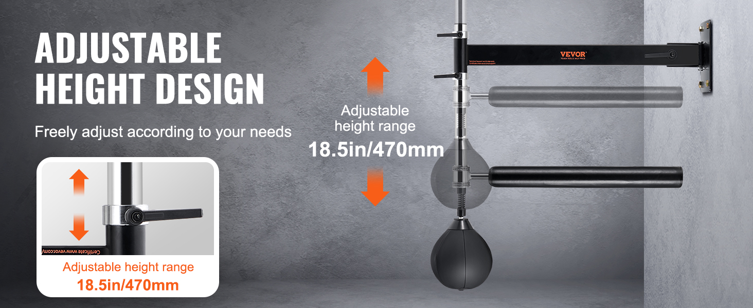 adjustable VEVOR wall mount boxing spinning bar, height range 18.5in/470mm, mounted on gray wall.
