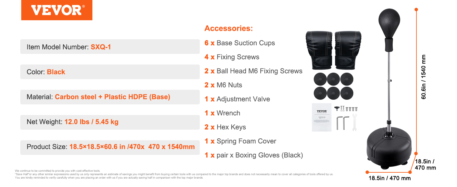 VEVOR punching bag details with black gloves, adjustable stand, and base dimensions 18.5x18.5x60.6 inches.