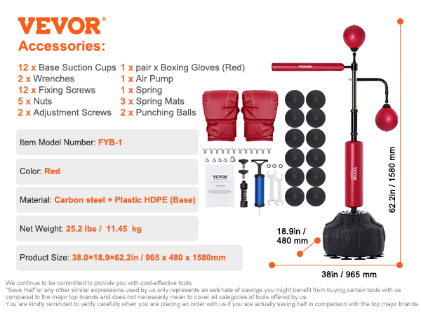 VEVOR boxing speed trainer with red gloves, suction cups, air pump, spring, and punching balls.