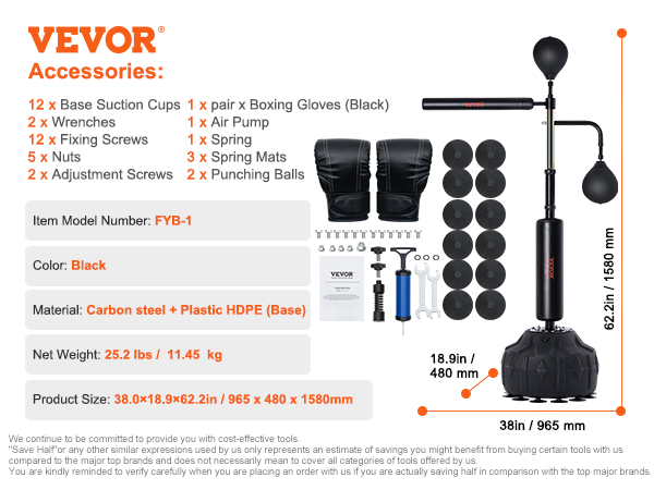 VEVOR boxing speed trainer components and size details with boxing gloves and accessories included.