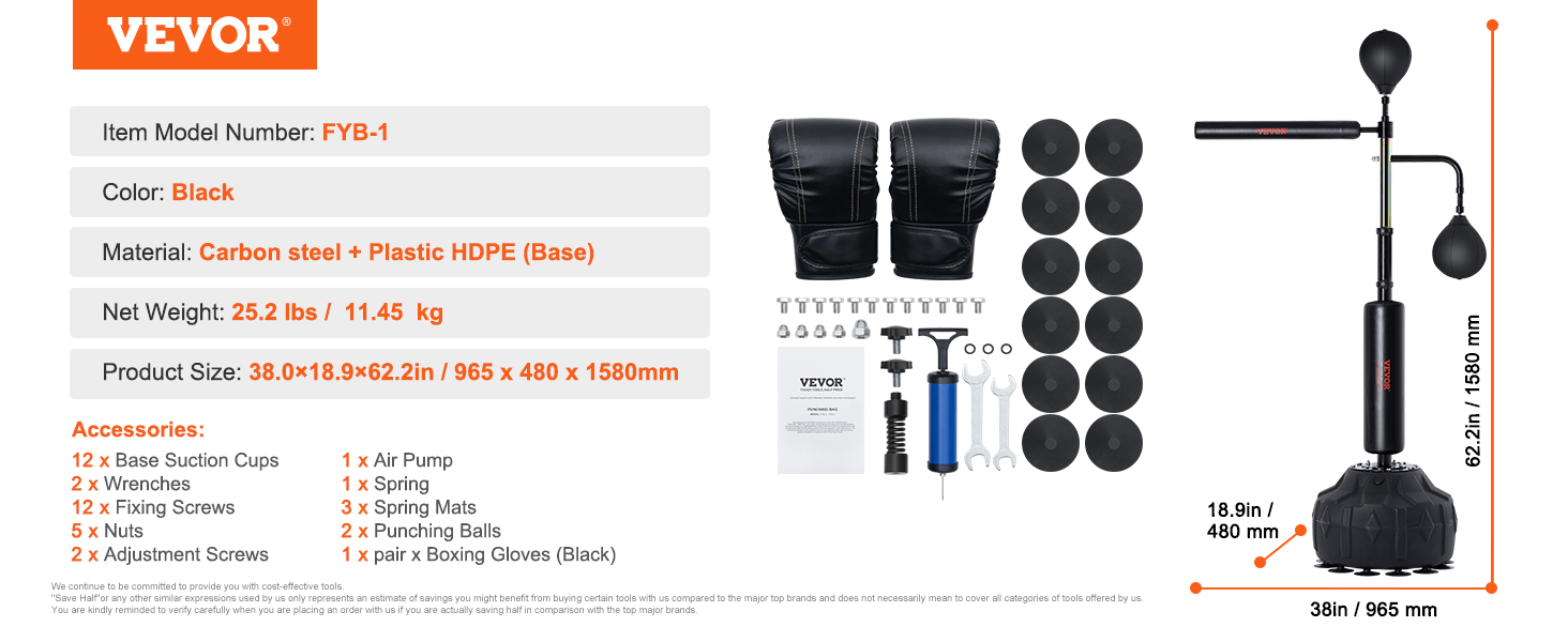 VEVOR boxing speed trainer components and size details with boxing gloves and accessories included.
