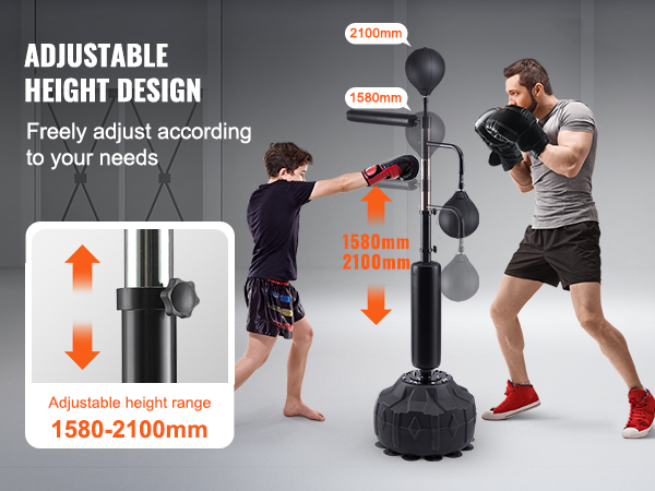 two individuals training with the adjustable VEVOR boxing speed trainer, height range 1580-2100mm.
