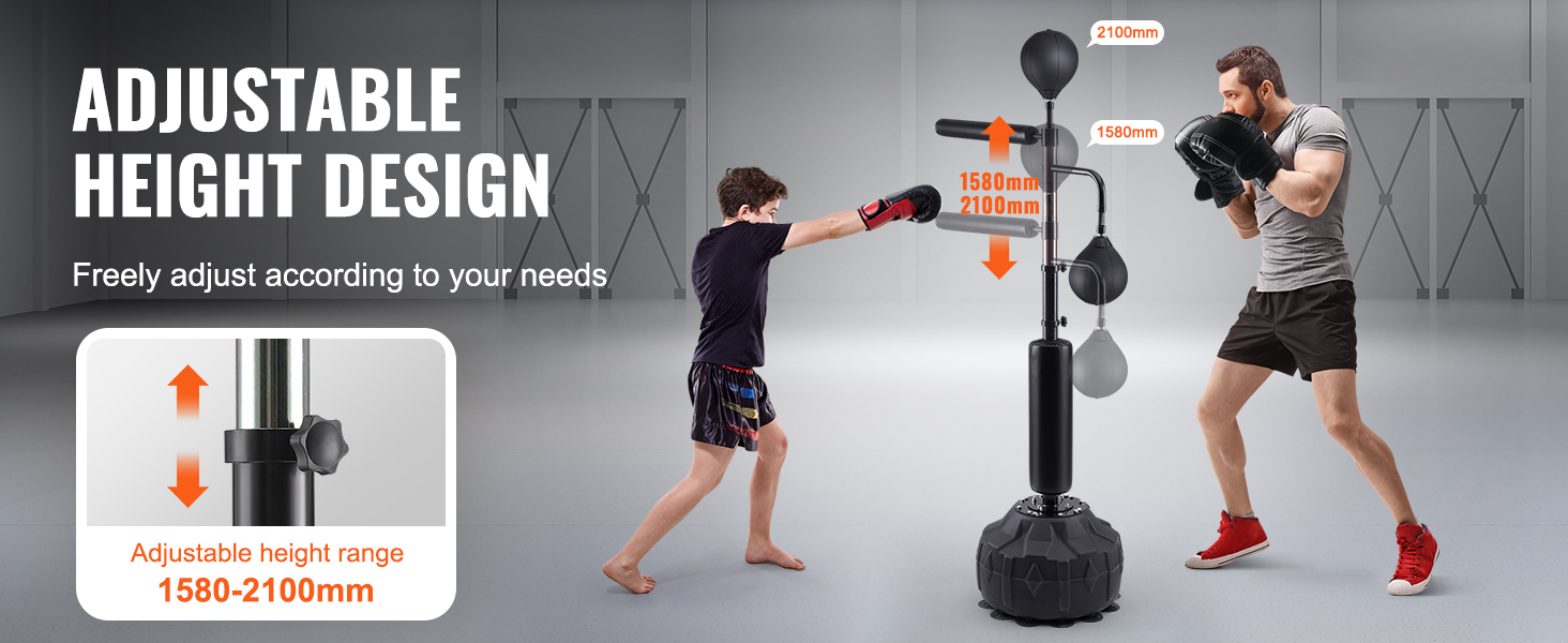 two individuals training with the adjustable VEVOR boxing speed trainer, height range 1580-2100mm.