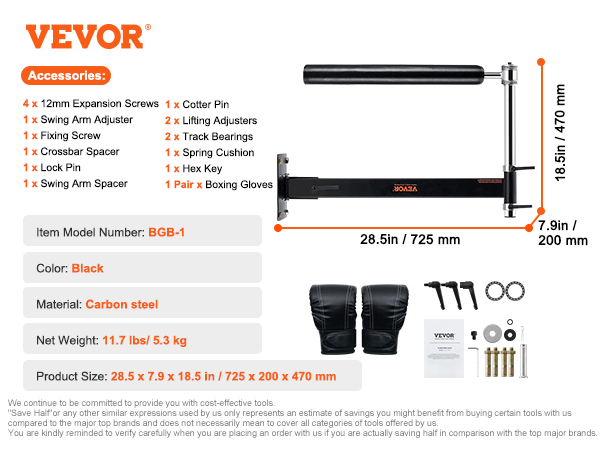 VEVOR wall mount boxing spinning bar, black carbon steel, 28.5x7.9x18.5 inches, accessories included.