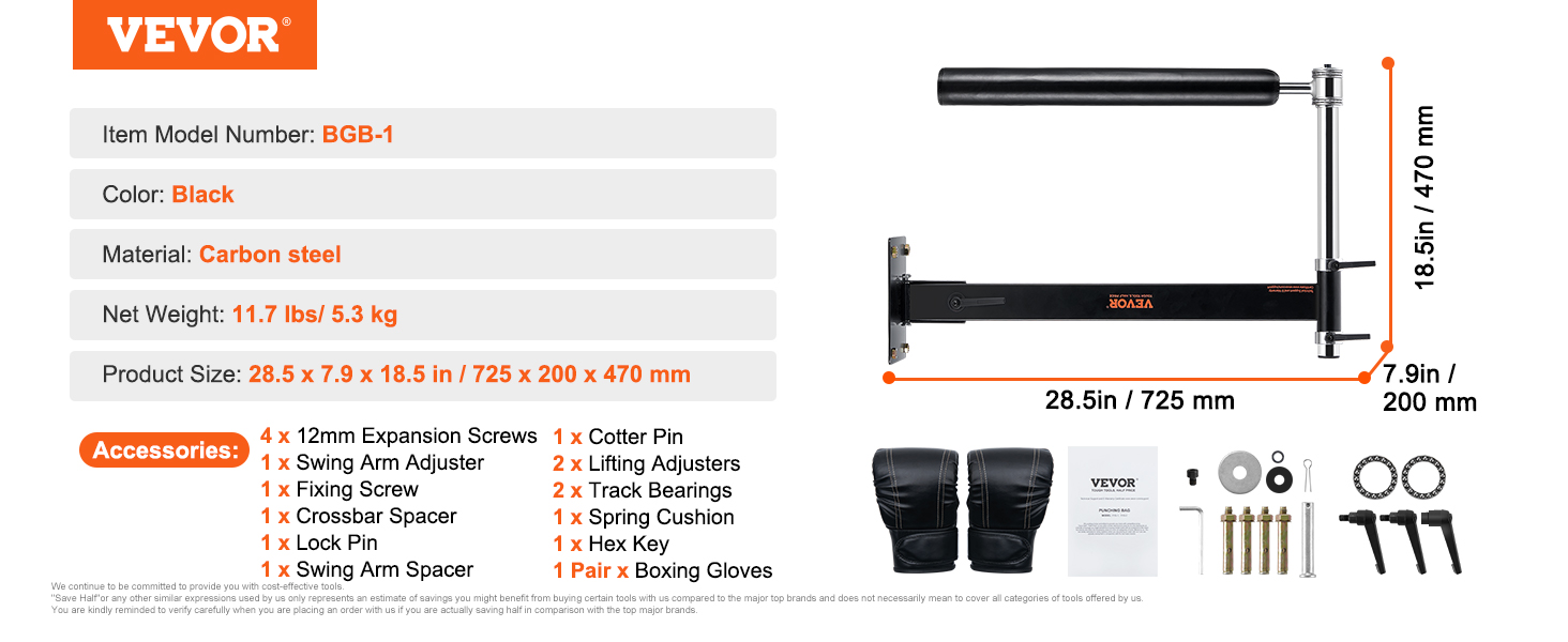 VEVOR wall mount boxing spinning bar, black carbon steel, 28.5x7.9x18.5 inches, accessories included.