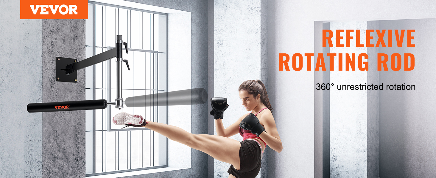 woman practicing kicks on VEVOR wall mount boxing spinning bar in a modern, bright gym setting.