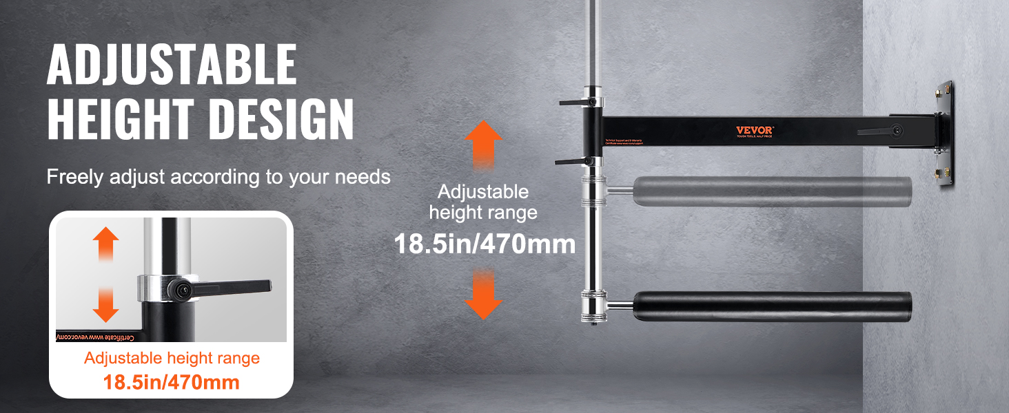 VEVOR wall mount boxing spinning bar with adjustable height design (18.5in/470mm) illustration.