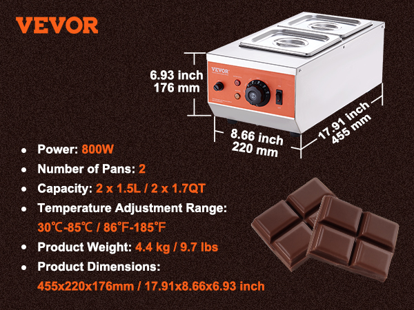 VEVOR chocolate tempering machine, 800w, 2 pans, 3.2qt capacity, 176x220x455mm dimensions.