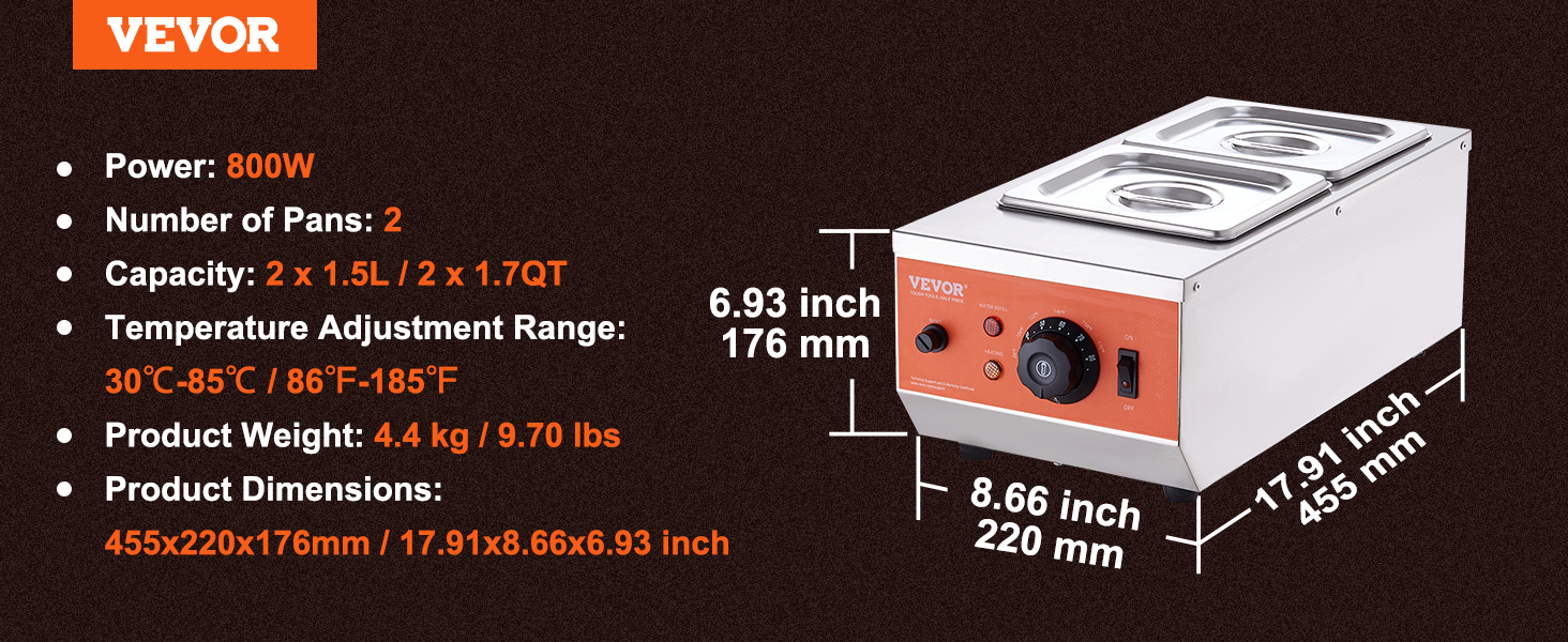 VEVOR chocolate tempering machine, 800w, 2 pans, 3.2qt capacity, 176x220x455mm dimensions.