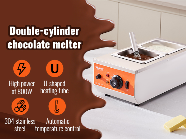 VEVOR chocolate tempering machine with double-cylinders, 800w power, u-shaped heating, stainless steel.