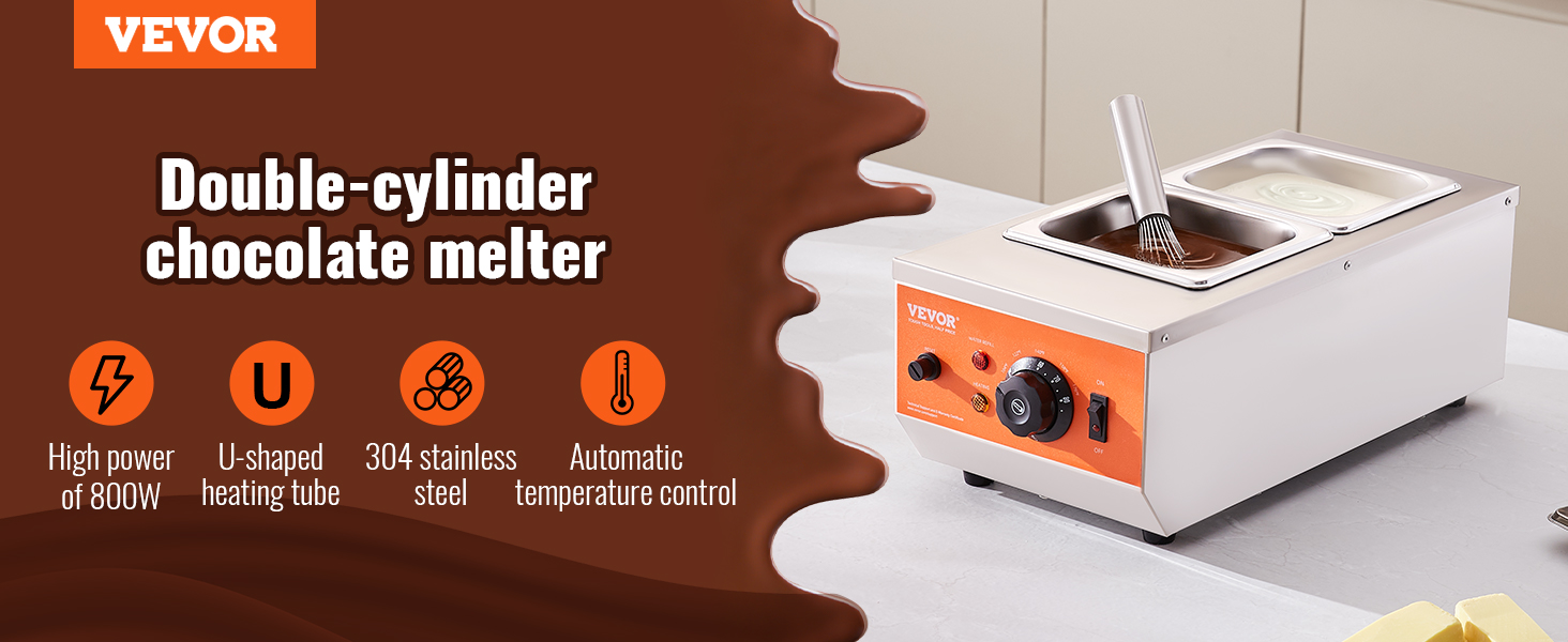 VEVOR chocolate tempering machine with double-cylinders, 800w power, u-shaped heating, stainless steel.