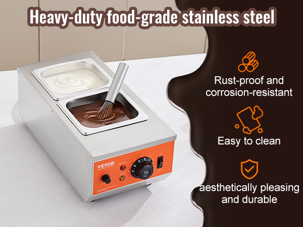 VEVOR chocolate tempering machine with food-grade stainless steel, rust-proof, and easy to clean.