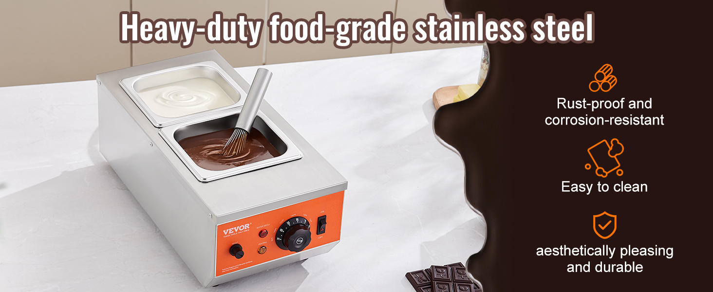 VEVOR chocolate tempering machine with food-grade stainless steel, rust-proof, and easy to clean.