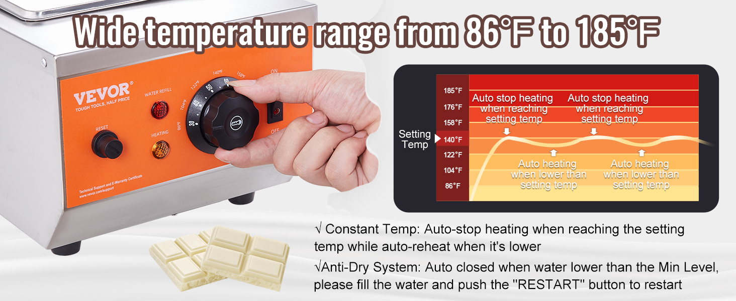 VEVOR chocolate tempering machine with adjustable temperature knob and white chocolate bars.