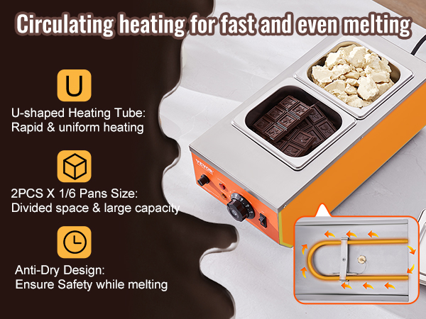 VEVOR chocolate tempering machine with u-shaped heating tube and 2 large capacity pans.