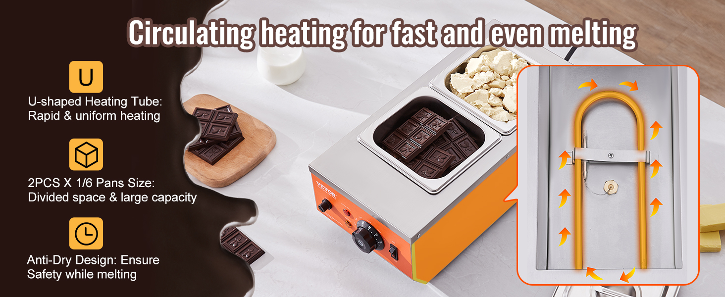 VEVOR chocolate tempering machine with u-shaped heating tube and 2 large capacity pans.