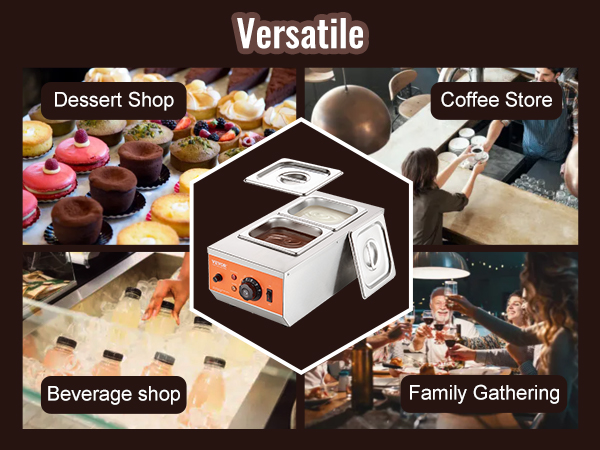 VEVOR chocolate tempering machine in dessert shop, coffee store, beverage shop, and family gathering settings.