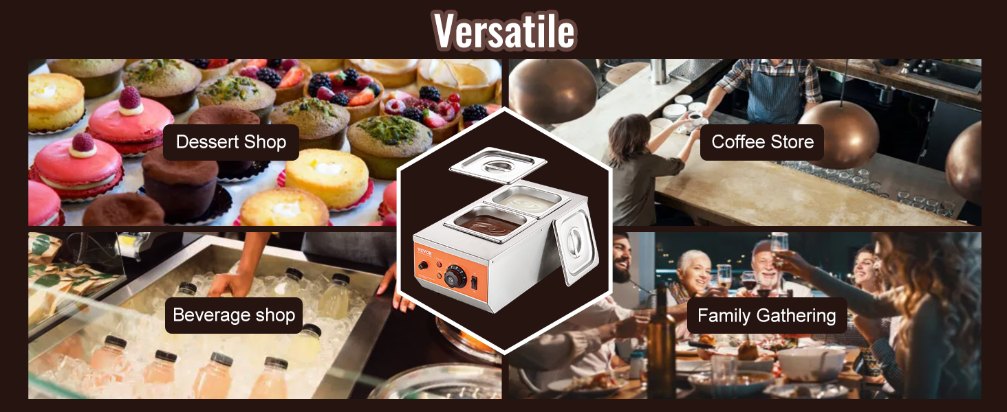 VEVOR chocolate tempering machine in dessert shop, coffee store, beverage shop, and family gathering settings.